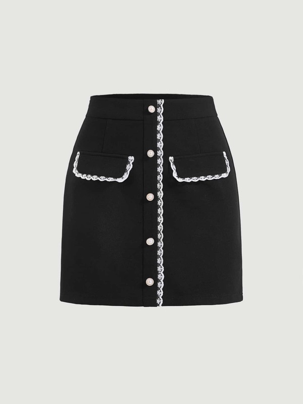 SHEIN MOD Contrast Trim Button Front Skirt SHEIN USA