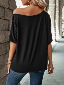 SHEIN LUNE Solid Asymmetrical Neck Tee - Black - View 2