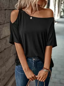SHEIN LUNE Solid Asymmetrical Neck Tee - Black - View 4