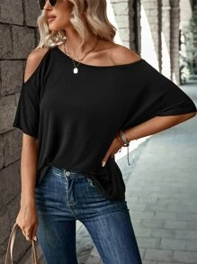 SHEIN LUNE Solid Asymmetrical Neck Tee - Black - View 6