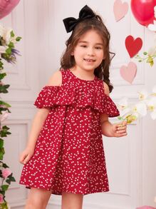 SHEIN Young Girl Toddler Girls Allover Heart Print Cold Shoulder Ruffle Trim Dress - Red - View 1