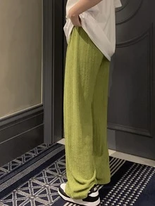 Solid Drawstring Waist Wide Leg Trousers - Olive Green - View 2