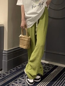 Solid Drawstring Waist Wide Leg Trousers - Olive Green - View 3