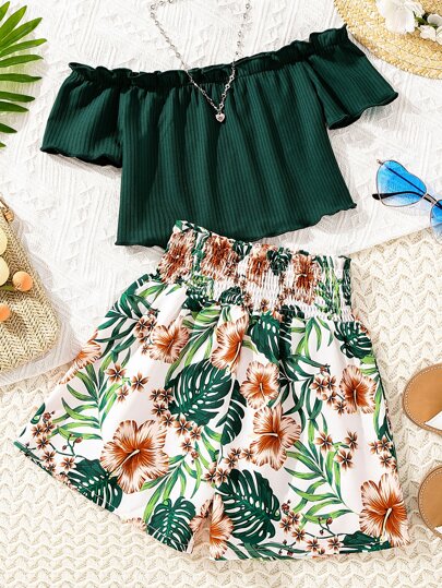 Tween Girl Off Shoulder Top & Tropical Print Paperbag Waist Shorts Summer Holiday