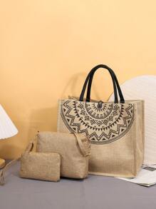 3pcs Graphic Print Linen Shopper Bag Set - Khaki - View 1
