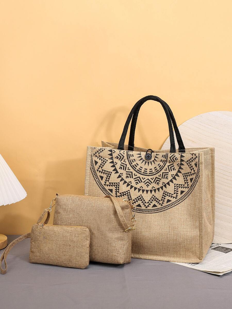 3pcs Graphic Print Linen Shopper Bag Set - Khaki - View 1