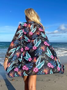 SHEIN Swim Bikini-Set für den Sommer mit tropischem Muster, Bügel-Unterteil und Wickel-Oberteil, inklusive Kimono