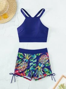 Pineapple Print Tankini Set Criss Cross Cami Top & Drawstring Side Shorts 2 Piece Bathing Suit - Multicolor - View 3