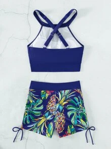 Pineapple Print Tankini Set Criss Cross Cami Top & Drawstring Side Shorts 2 Piece Bathing Suit - Multicolor - View 4
