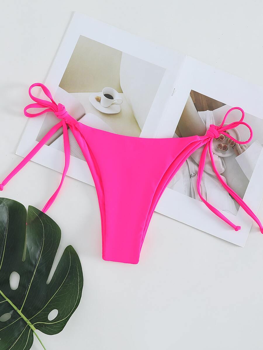 SHEIN Swim Summer Beach Tie Side Bikini Thong - Hot Pink - View 1