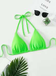 SHEIN Swim Summer Beach Plain Halter Triangle Neon Bikini Top - Green - View 3