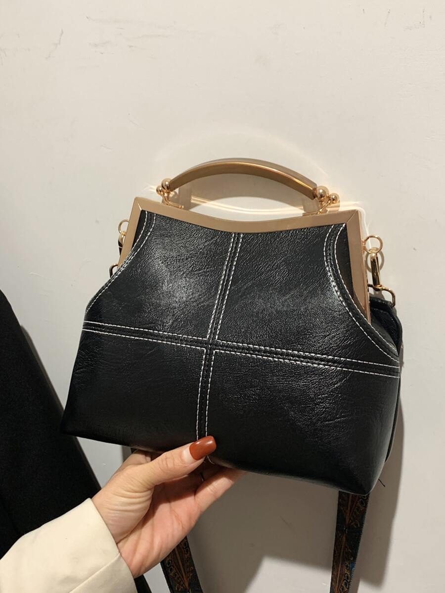 Stitch Detail Satchel Bag - Black - View 1