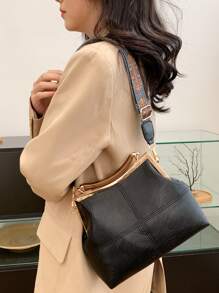 Stitch Detail Satchel Bag - Black - View 2