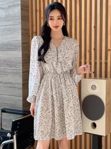 DAZY Ditsy Floral Print Ruffle Trim Lantern Sleeve Dress - Apricot - View 1