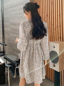 DAZY Ditsy Floral Print Ruffle Trim Lantern Sleeve Dress - Apricot - View 2