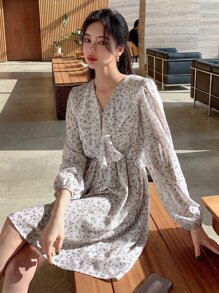 DAZY Ditsy Floral Print Ruffle Trim Lantern Sleeve Dress - Apricot - View 5