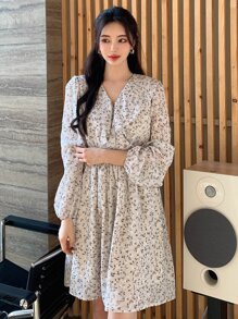 DAZY Ditsy Floral Print Ruffle Trim Lantern Sleeve Dress - Apricot - View 6