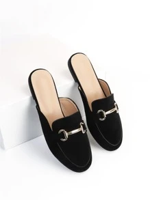 Faux Suede Metal Decor Mule Flats - Black - View 1