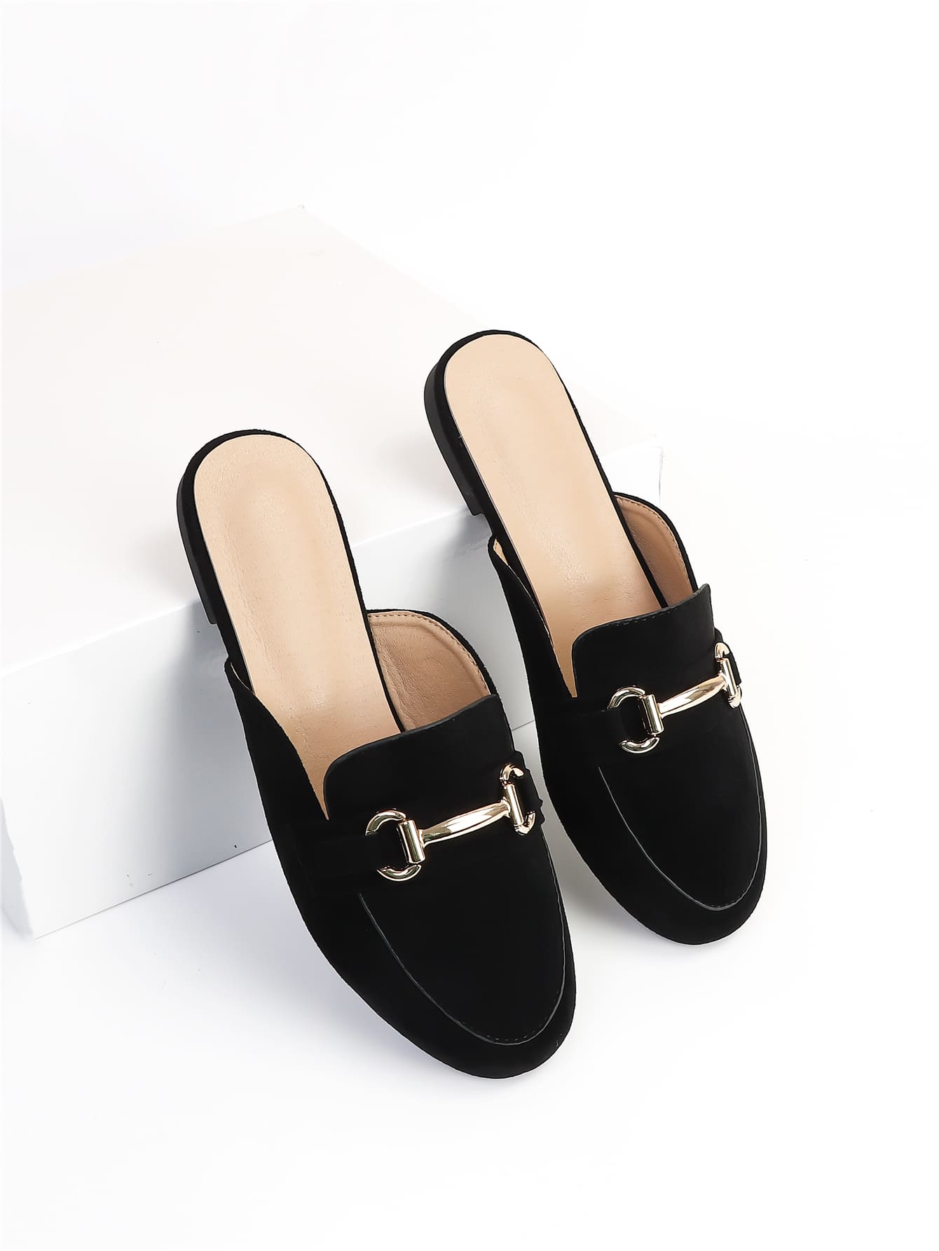 Faux Suede Metal Decor Mule Flats - Black - View 1