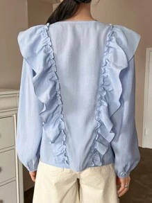 DAZY Blusa acabamento de babados botão frontal - Azul - Visão 2