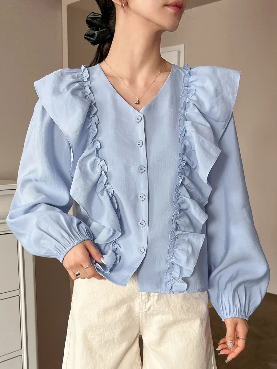 DAZY Blusa acabamento de babados botão frontal - Azul - Visão 1