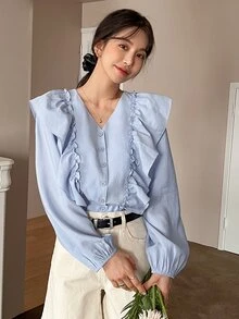 DAZY Blusa acabamento de babados botão frontal - Azul - Visão 4