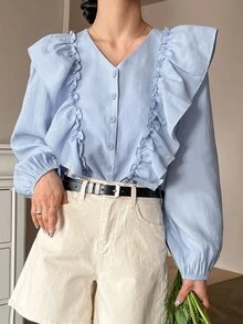 DAZY Blusa acabamento de babados botão frontal - Azul - Visão 8