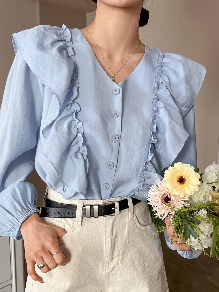 荷葉邊前紐扣襯衫 - 藍色 - 查看 7