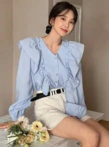 DAZY Blusa acabamento de babados botão frontal - Azul - Visão 5