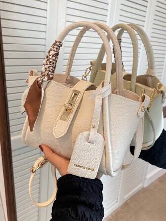 Fashionable,Minimalist,Casual,1pc Fashionable Solid Color Lychee Pattern Pu Leather Handbag, Crossbody Bag, With Lock Decoration And Silk Scarf, Suitable For Daily Use For Girl, Teen Girls