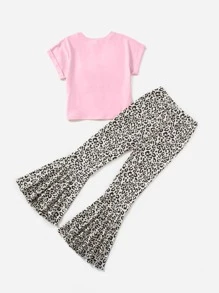 SHEIN Niñas Camiseta bajo con nudo & Pantalones con estampado de leopardo bajo con fruncido - Rosa Pálido - Ver 2
