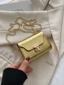 迷你精致链条斜挎包，鳄鱼皮纹，锁扣，单肩包，时尚感包包 - 金色 - 查看 2