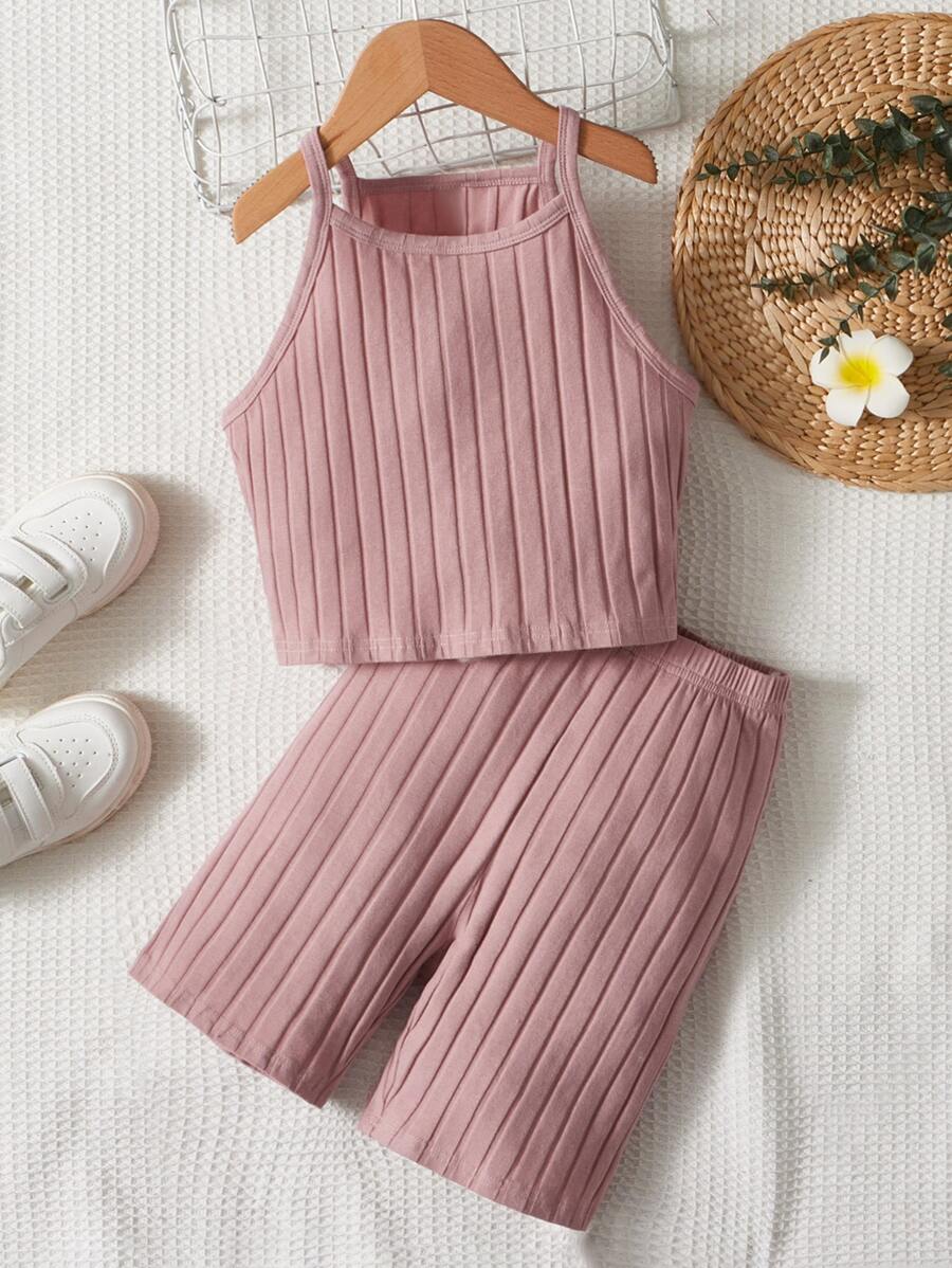 SHEIN Teen Girls Solid Rib-knit Cami Top and Cycling Shorts Set - Dusty Pink - View 1