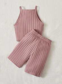 SHEIN Teen Girls Solid Rib-knit Cami Top and Cycling Shorts Set - Dusty Pink - View 2