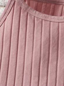 SHEIN Teen Girls Solid Rib-knit Cami Top and Cycling Shorts Set - Dusty Pink - View 3