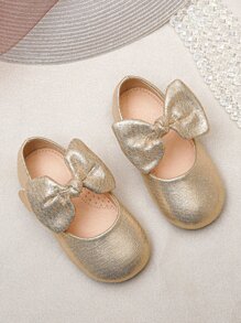 Girls Metallic Bow Decor Mary Jane Flats - Gold - View 2
