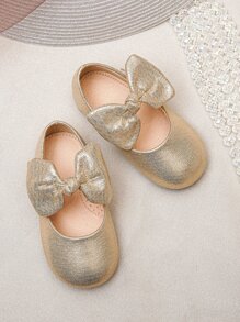 Girls Metallic Bow Decor Mary Jane Flats - Gold - View 3