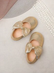 Girls Metallic Bow Decor Mary Jane Flats - Gold - View 4