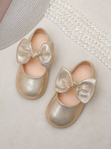 Girls Metallic Bow Decor Mary Jane Flats - Gold - View 5