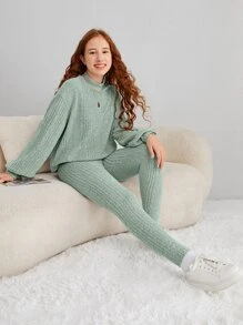 SHEIN 青少年女孩小高領落肩T恤和緊身打底褲 - 薄荷綠 - 查看 1