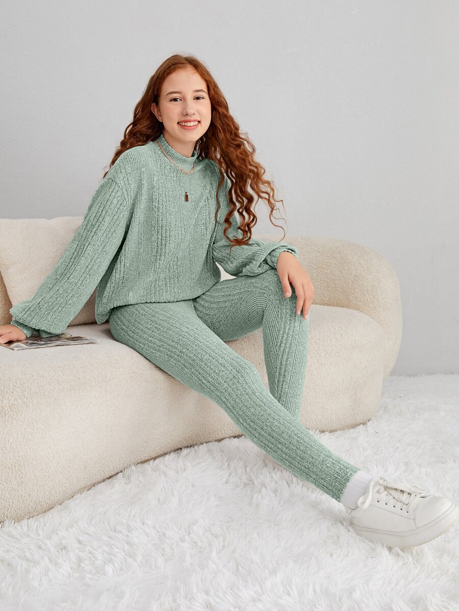 SHEIN 青少年女孩小高領落肩T恤和緊身打底褲 - 薄荷綠 - 查看 1