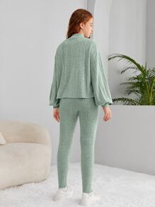 SHEIN 青少年女孩小高領落肩T恤和緊身打底褲 - 薄荷綠 - 查看 2