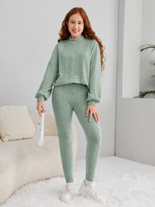 SHEIN 青少年女孩小高領落肩T恤和緊身打底褲 - 薄荷綠 - 查看 4