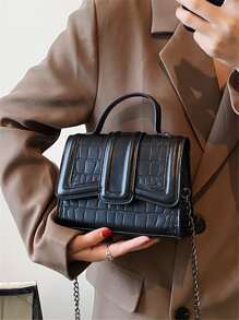 手提包简约优质女士包包，新款通勤小方包百搭时尚感，女士单肩包，斜挎包带链条鳄鱼皮纹理 - 黑色 - 查看 3