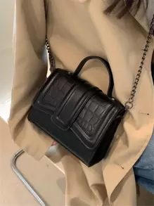 手提包简约优质女士包包，新款通勤小方包百搭时尚感，女士单肩包，斜挎包带链条鳄鱼皮纹理 - 黑色 - 查看 6