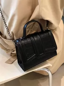 手提包简约优质女士包包，新款通勤小方包百搭时尚感，女士单肩包，斜挎包带链条鳄鱼皮纹理 - 黑色 - 查看 2