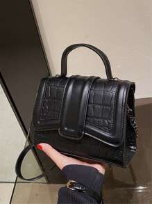 手提包简约优质女士包包，新款通勤小方包百搭时尚感，女士单肩包，斜挎包带链条鳄鱼皮纹理 - 黑色 - 查看 5