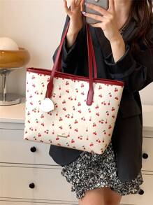 Cherry Pattern Shoulder Tote Bag With Bag Charm - Red - View 2
