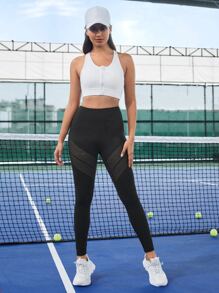 寬腰帶鏤空運動打底褲 - 黑色 - 查看 6