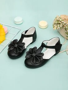 Girls Bow Decor Ankle Strap Flats - Black - View 1